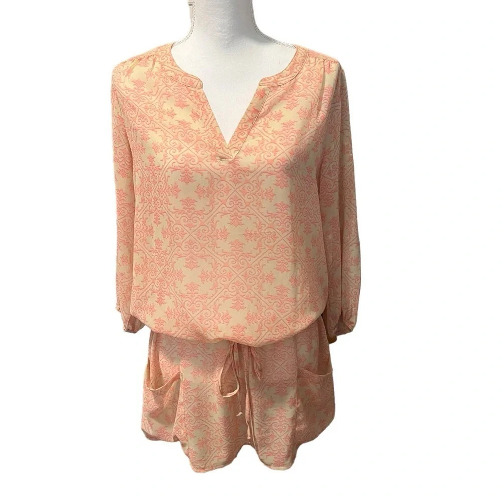 CAbi Poolside Top‎ tunic with Drawstring Waist Size Medium Orange/Pink w/Pockets